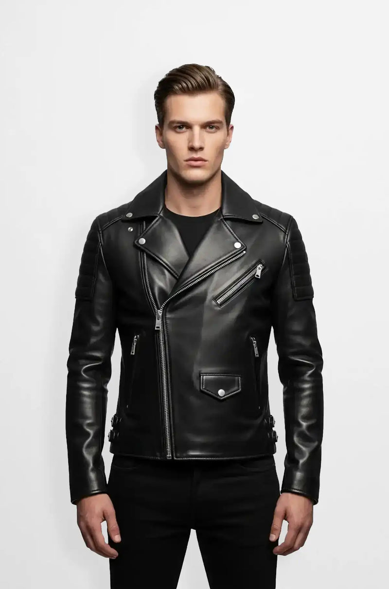 Shadow Rider Black Biker Leather Jacket front view