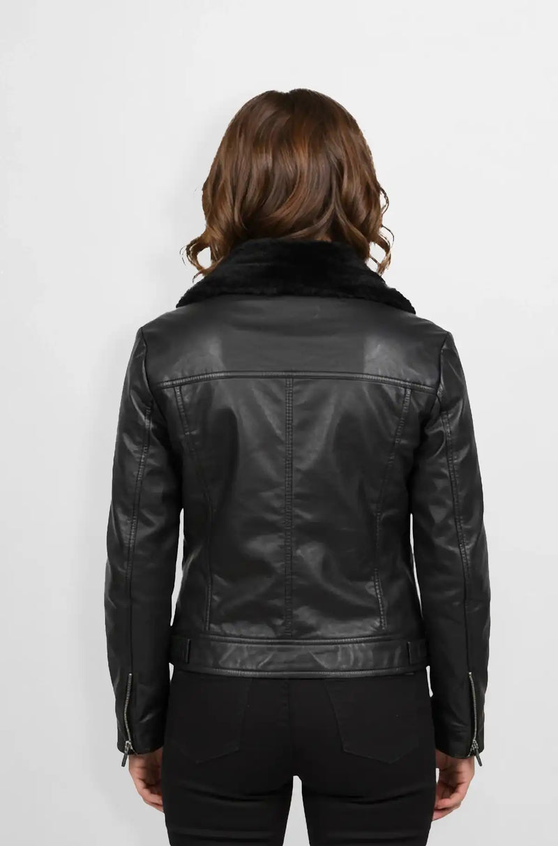 Shearling Black Leather Bomber Jacket Back view
