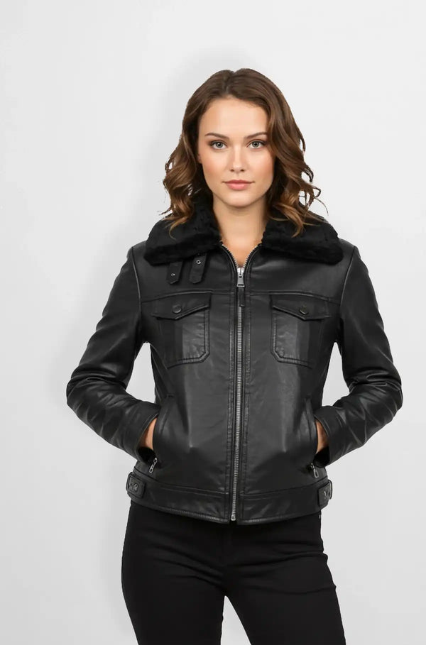 Shearling Black Leather Bomber Jacket Front view
