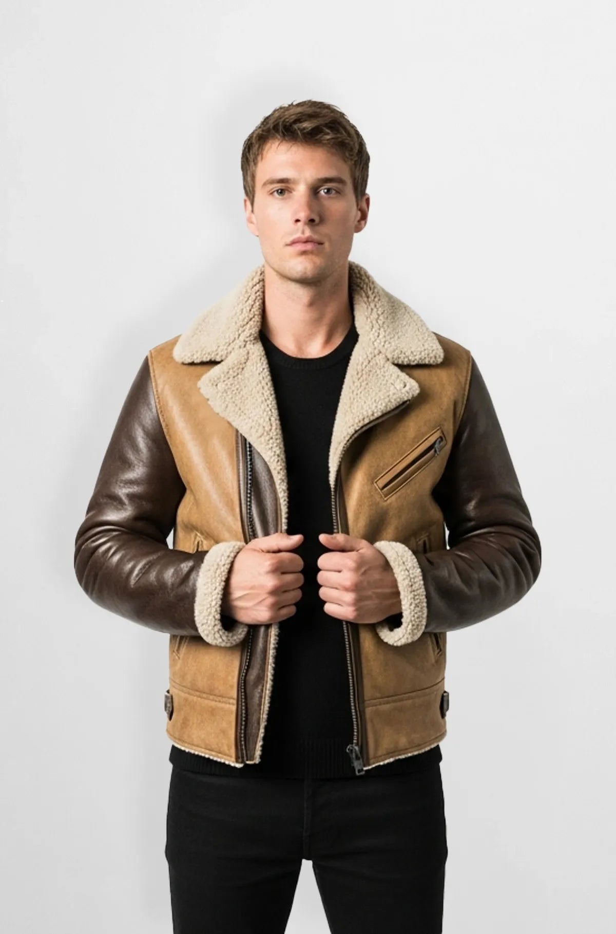 Shearling Brown & Tan Leather Biker Jacket Front view
