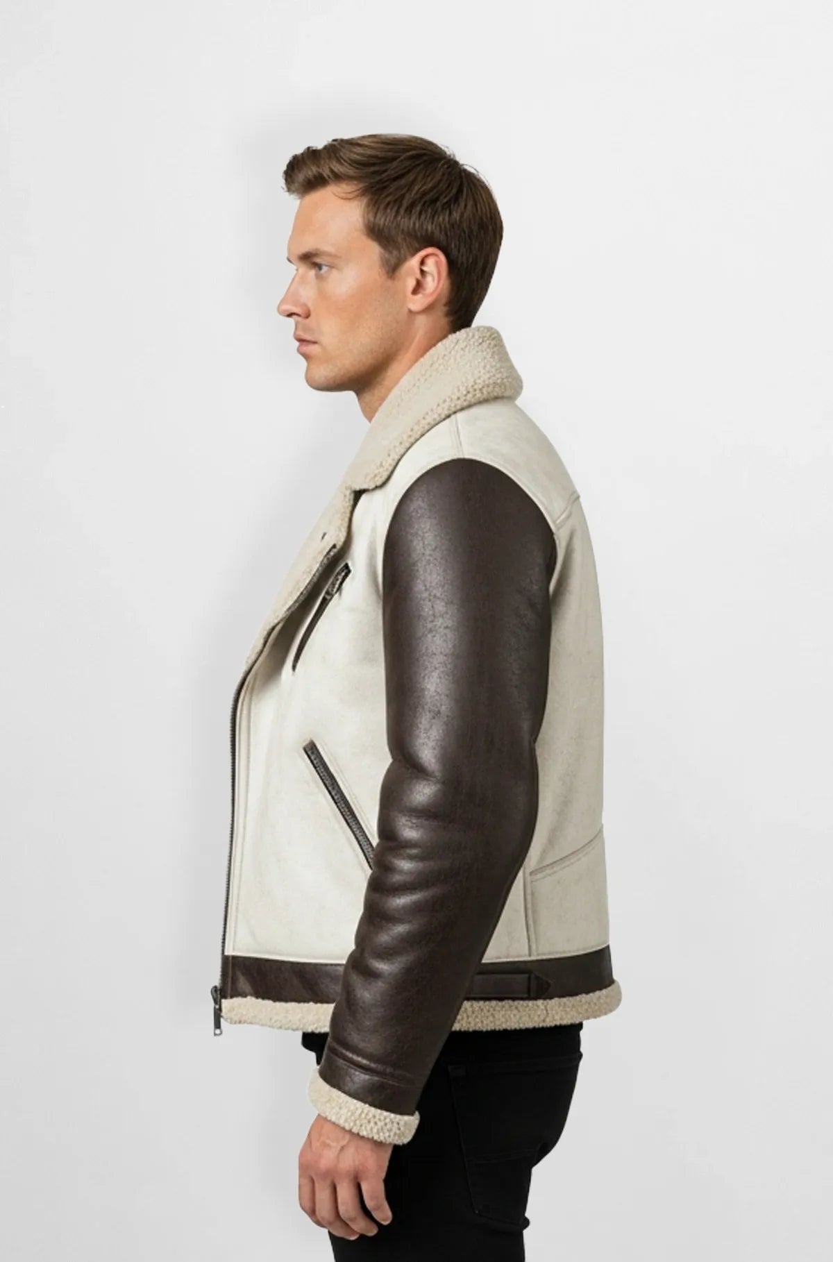 Shearling Brown & White Leather Biker Jacket Side view