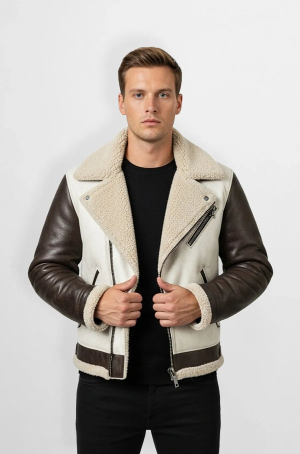 Shearling Brown & White Leather Biker Jacket Front view