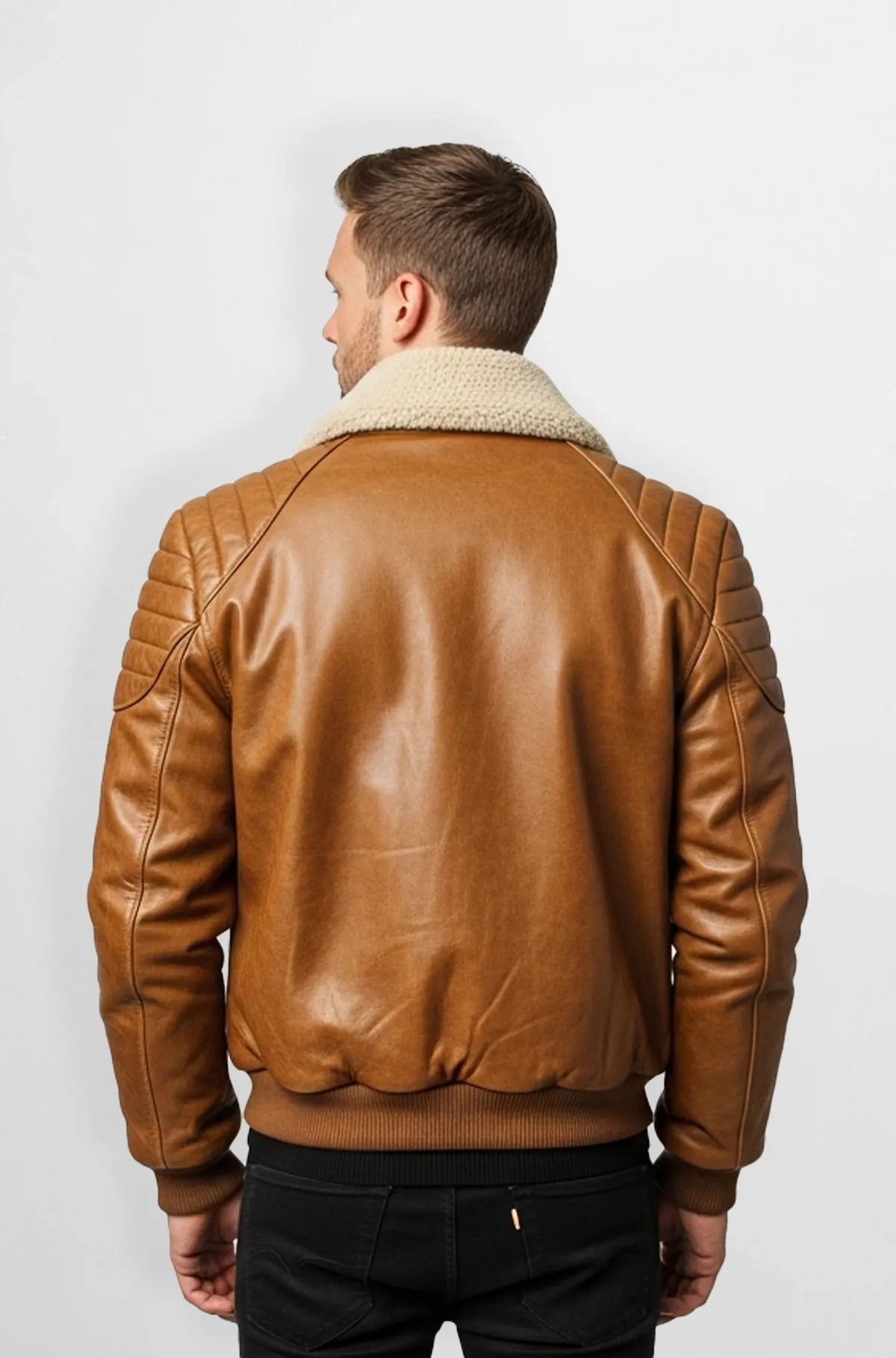 Shearling Brown Rustic Leather Bomber Jacket Back view