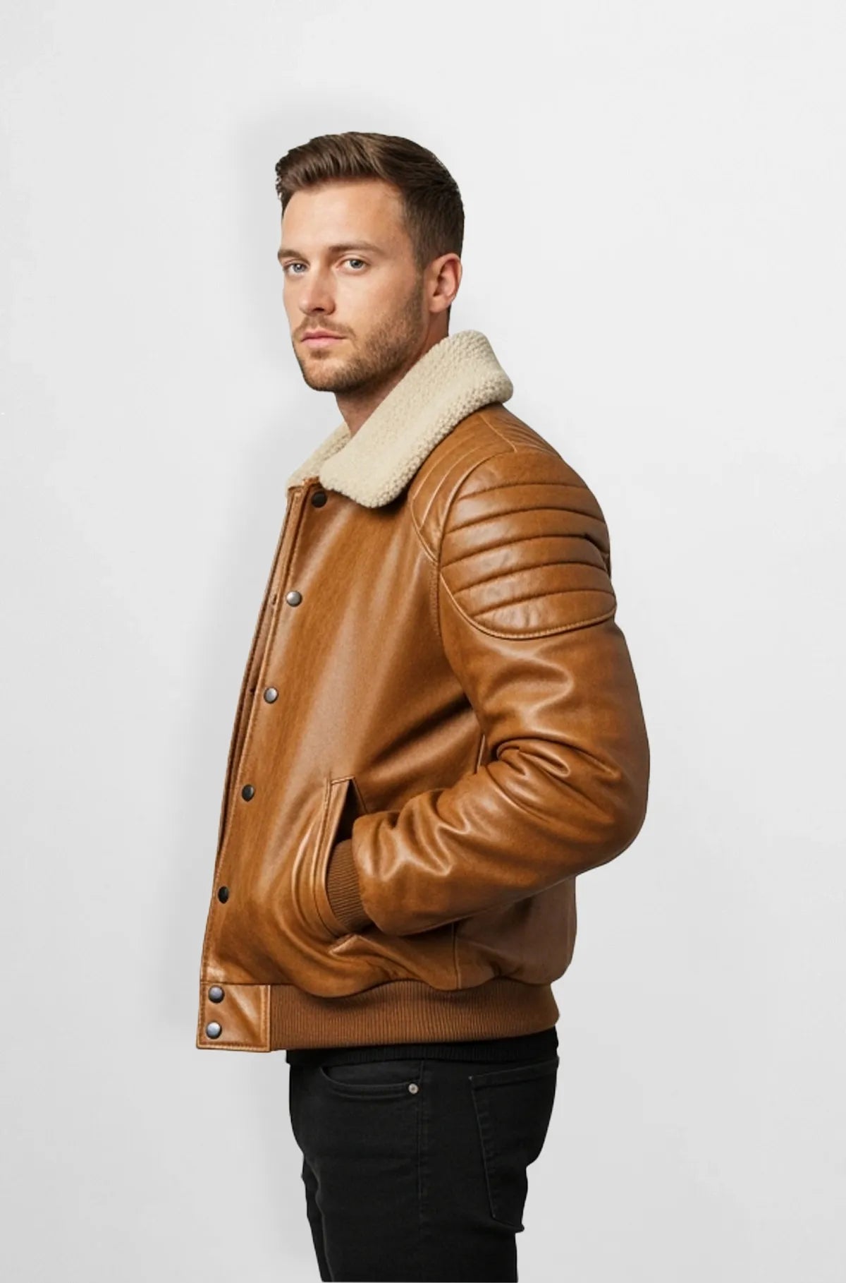 Shearling Brown Rustic Leather Bomber Jacket Side view