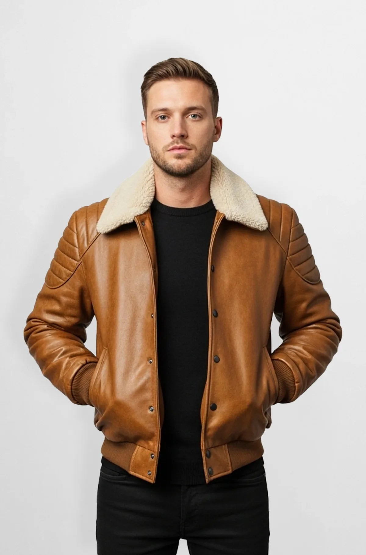 Shearling Brown Rustic Leather Bomber Jacket Front view