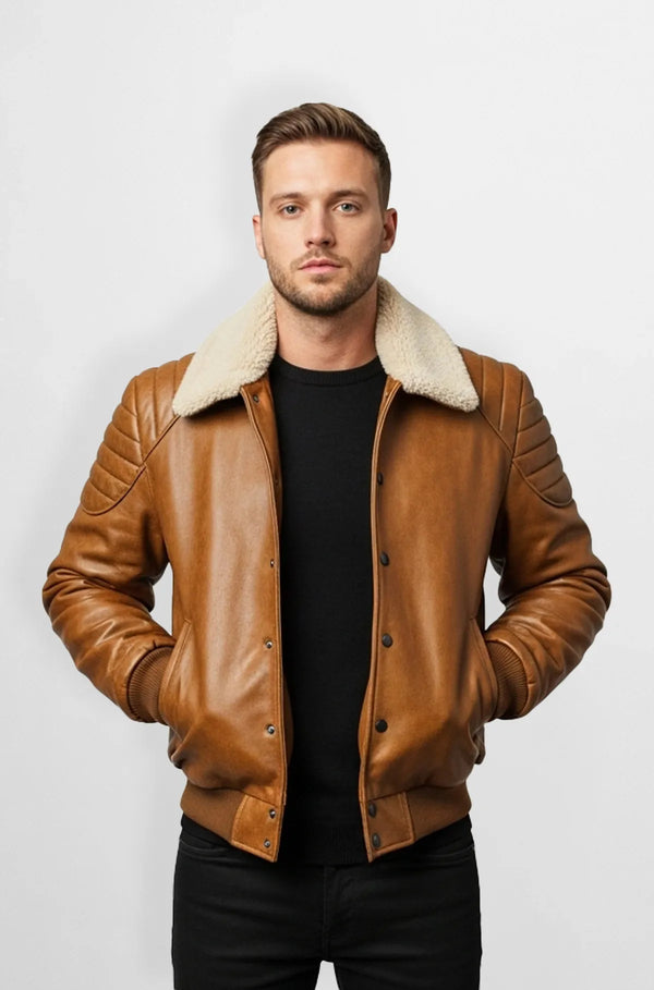 Shearling Brown Rustic Leather Bomber Jacket Front view