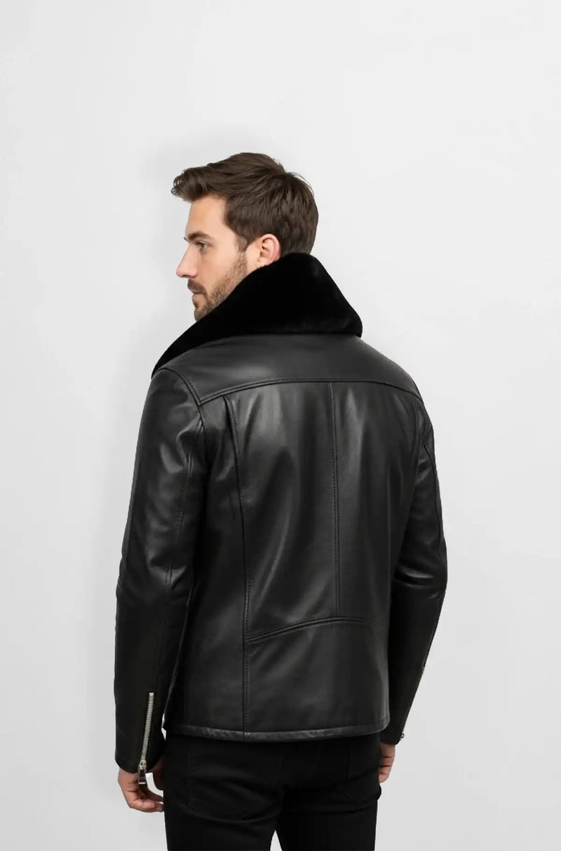 Shearling Collar Leather Biker Jacket back view