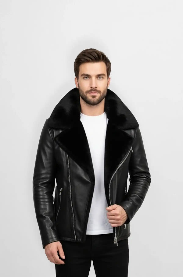 Shearling Collar Leather Biker Jacket front view