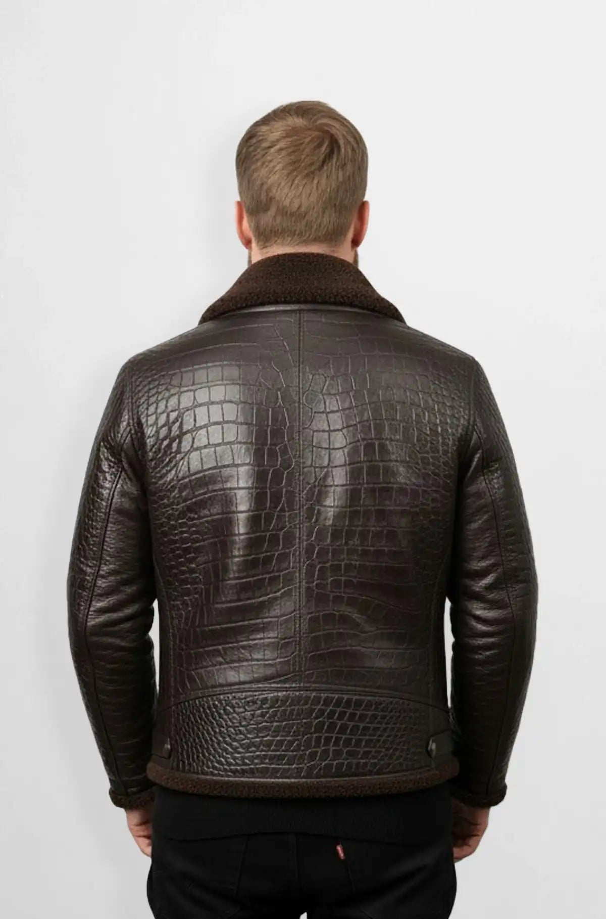 Shearling Dark Brown Crocodile Leather Bomber Jacket Back view