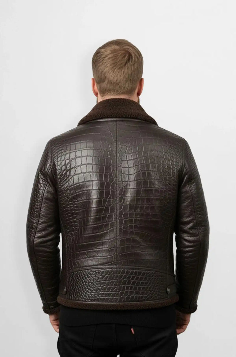 Shearling Dark Brown Crocodile Leather Bomber Jacket Back view