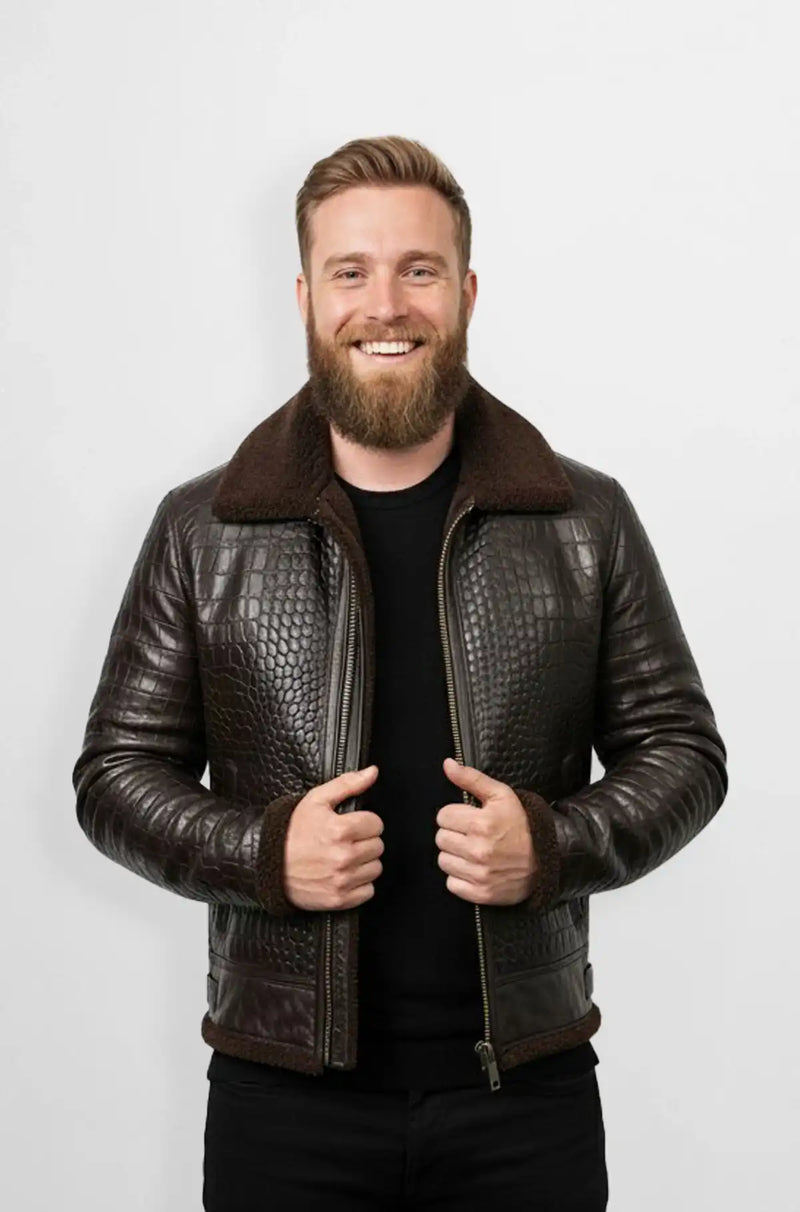 Shearling Dark Brown Crocodile Leather Bomber Jacket Front view