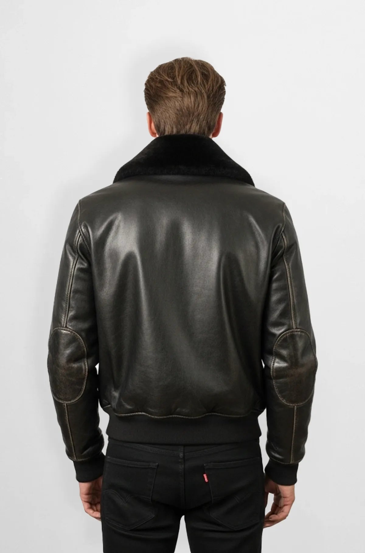 Shearling Jet Black Leather Bomber Jacket Back view