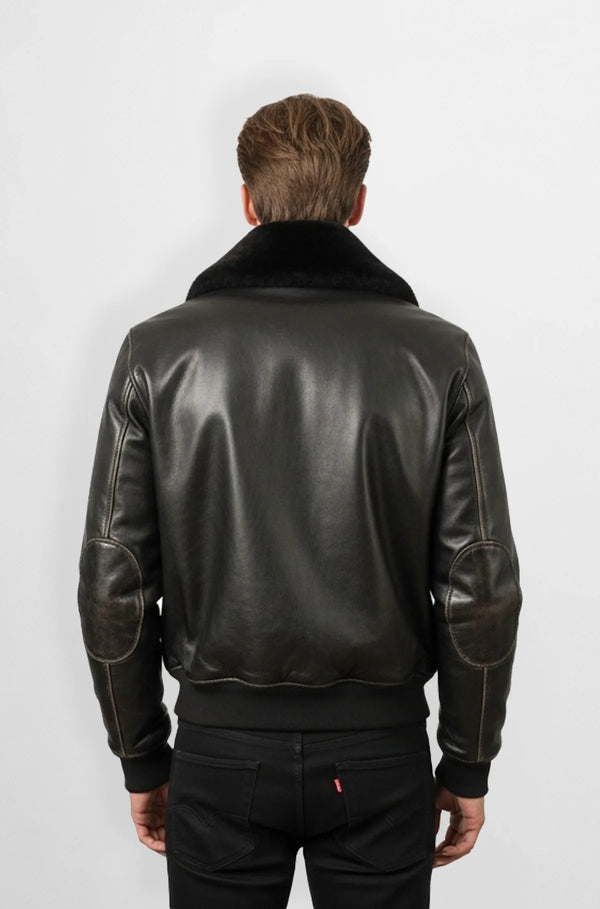 Shearling Jet Black Leather Bomber Jacket Back view