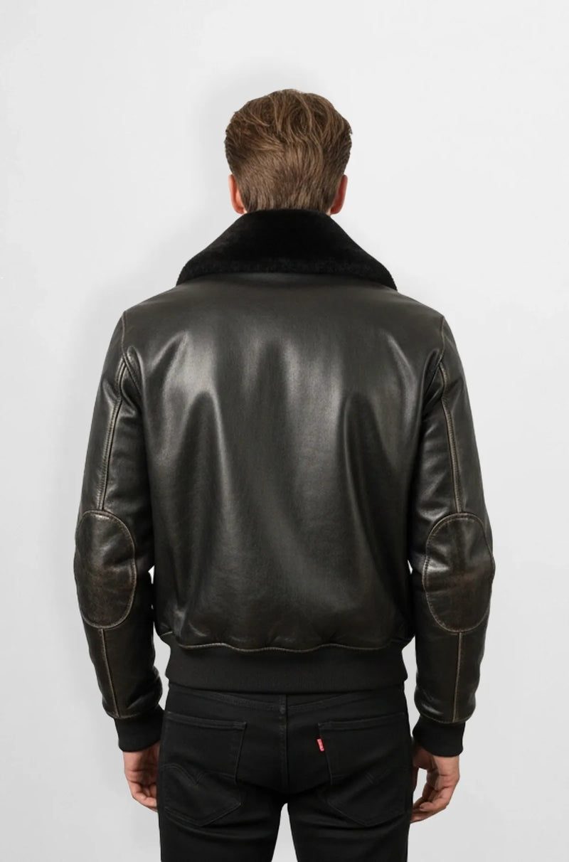 Shearling Jet Black Leather Bomber Jacket Back view
