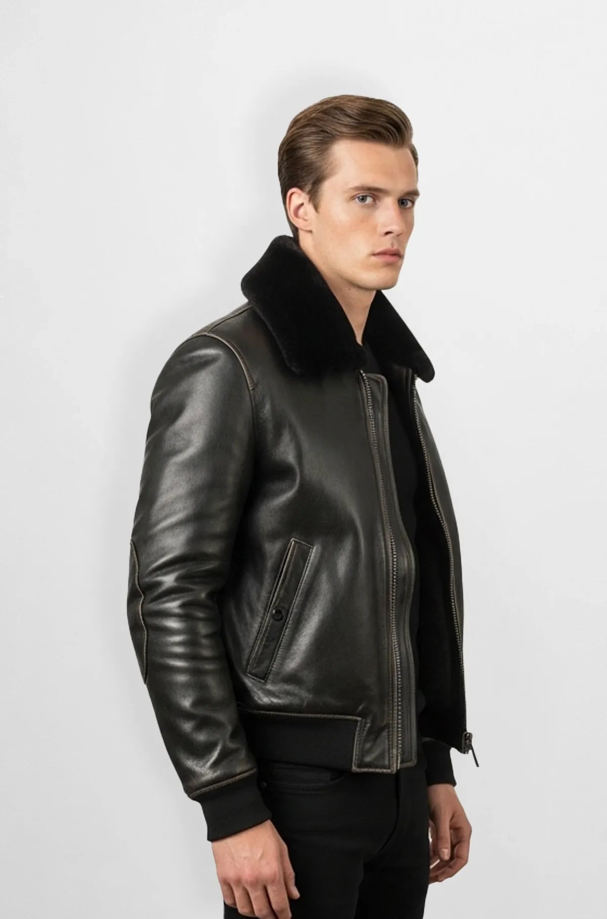 Shearling Jet Black Leather Bomber Jacket Side view
