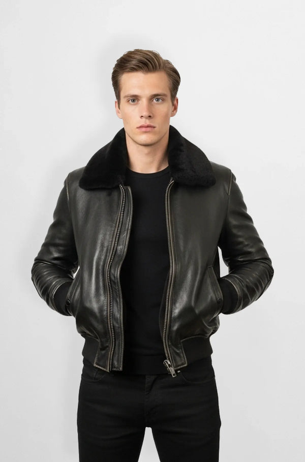 Shearling Jet Black Leather Bomber Jacket Front view