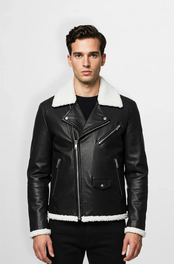 Shearling Leather Biker Jacket front view
