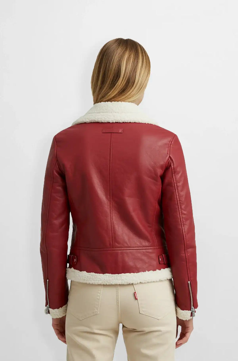 Shearling Red Leather Moto Jacket Back view