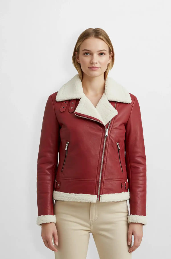 Shearling Red Leather Moto Jacket Front view