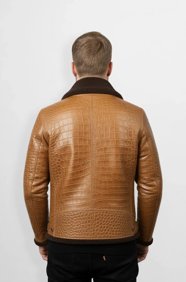Shearling Tan Crocodile Leather Bomber Jacket Back view