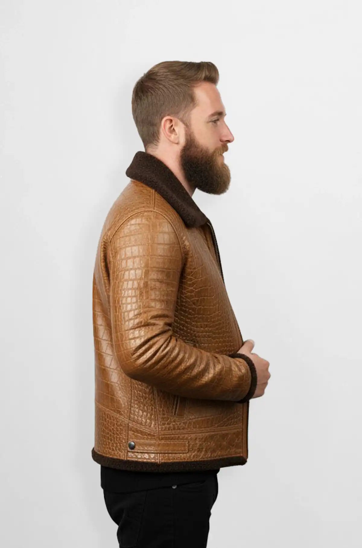 Shearling Tan Crocodile Leather Bomber Jacket Side view