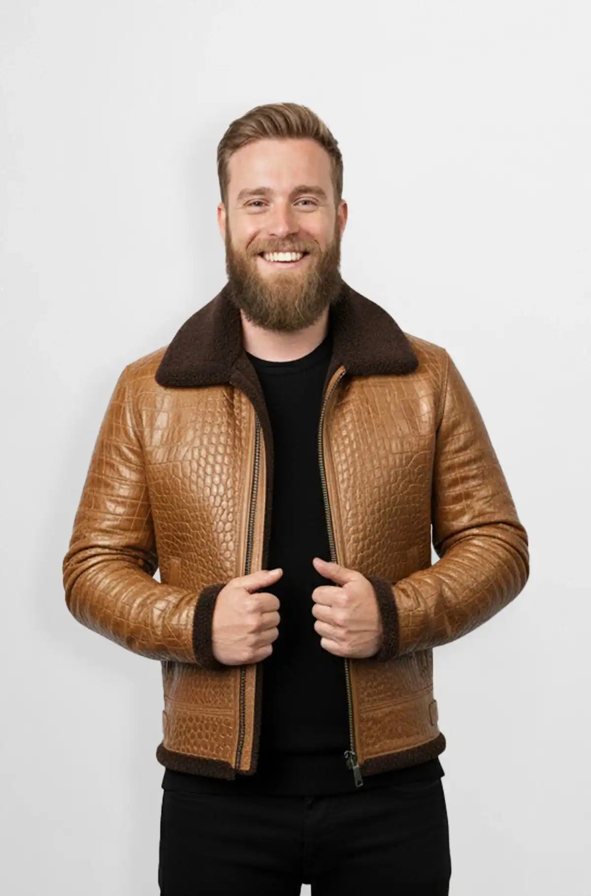 Shearling Tan Crocodile Leather Bomber Jacket Front view