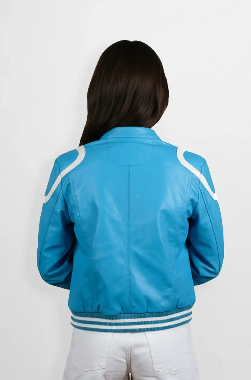 Sky Blue Bomber Leather Jacket Back view