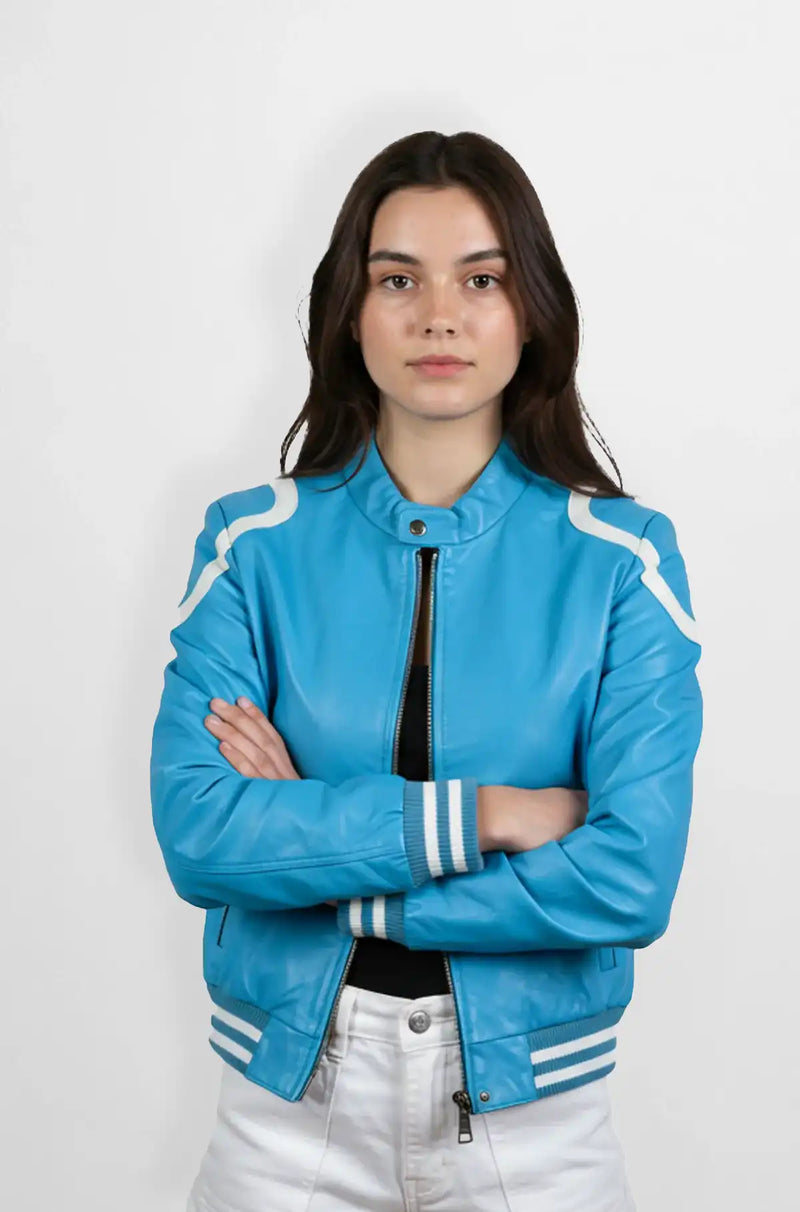 Sky Blue Bomber Leather Jacket Front view