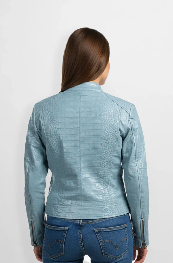 Sky Blue Crocodile Biker Leather Jacket Back view