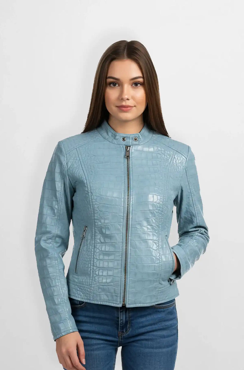 Sky Blue Crocodile Biker Leather Jacket Front view