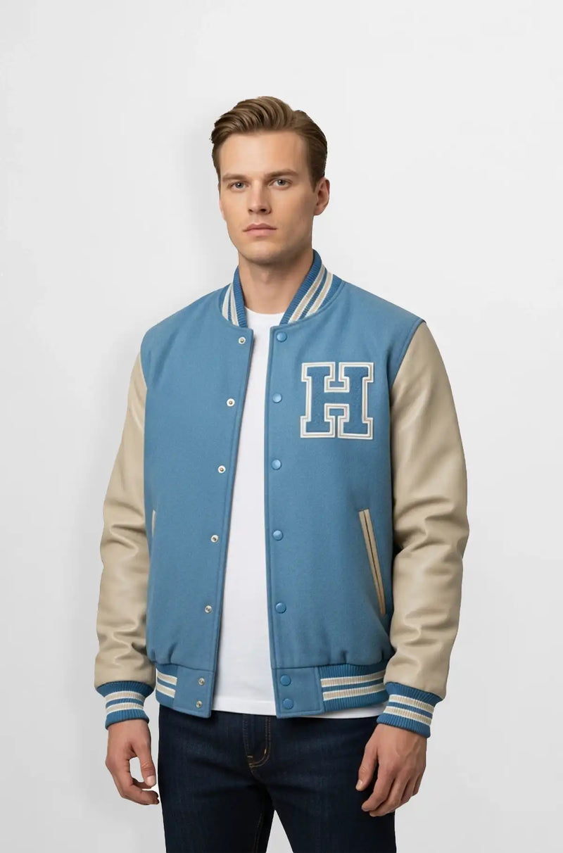 Sky Blue Varsity Leather Jacket for Men front view