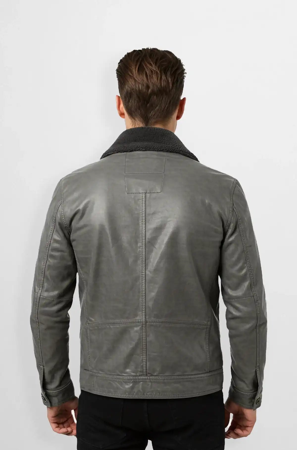 Slate Grey Leather Bomber Jacket Back view
