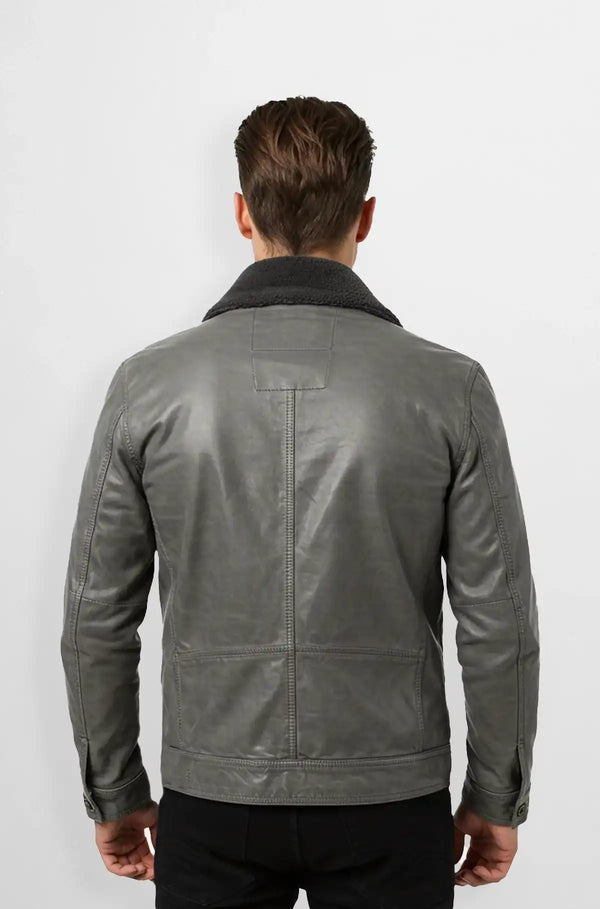 Slate Grey Leather Bomber Jacket Back view