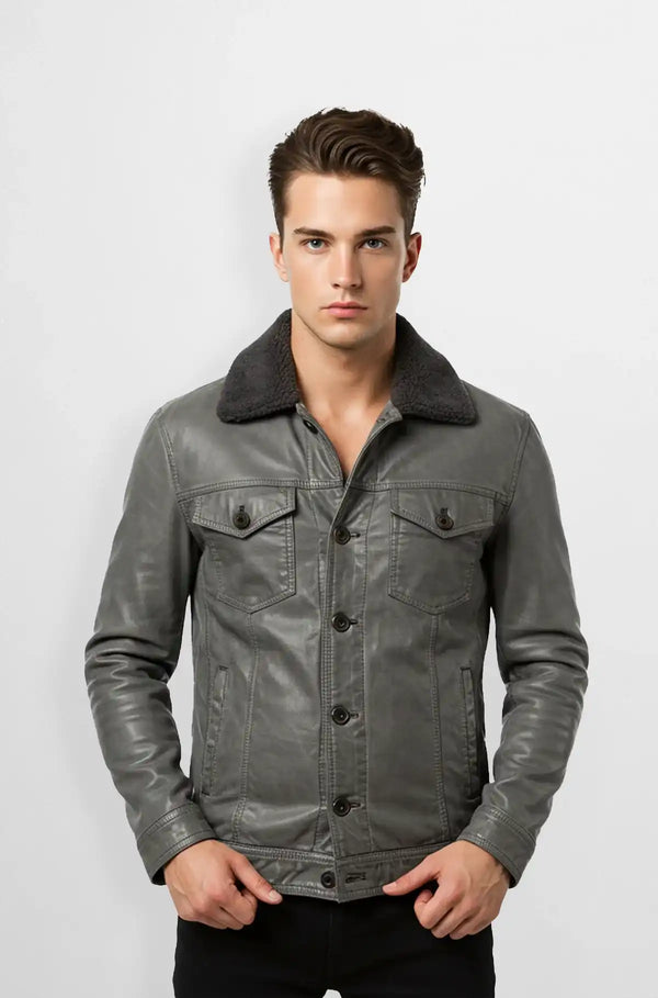 Slate Grey Leather Bomber Jacket Front view