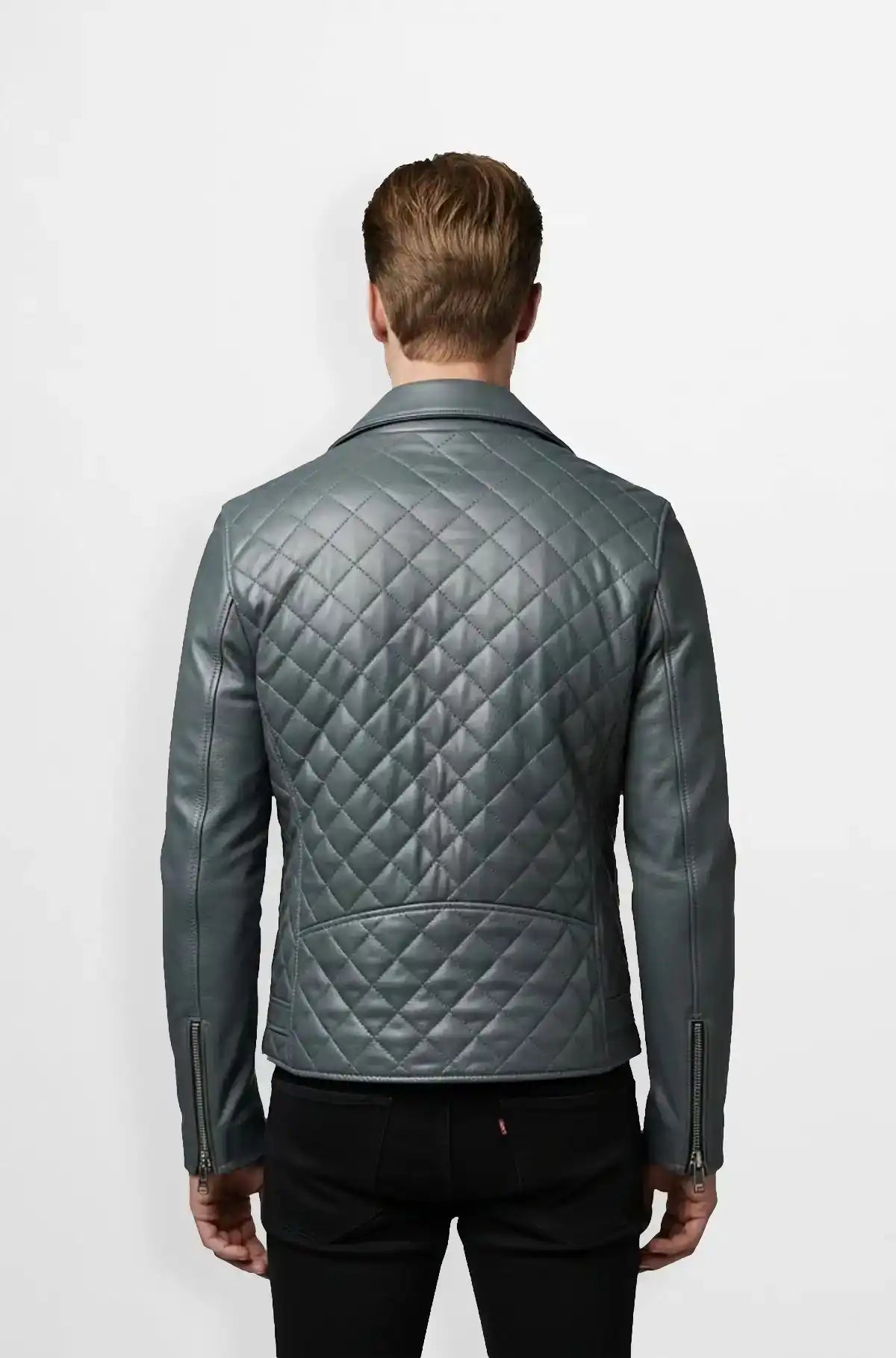 Slate Grey Quilted Leather Biker Jacket Back view