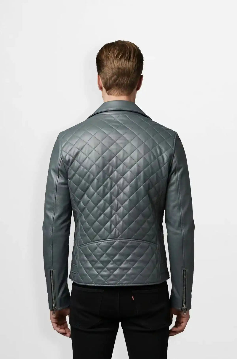 Slate Grey Quilted Leather Biker Jacket Back view