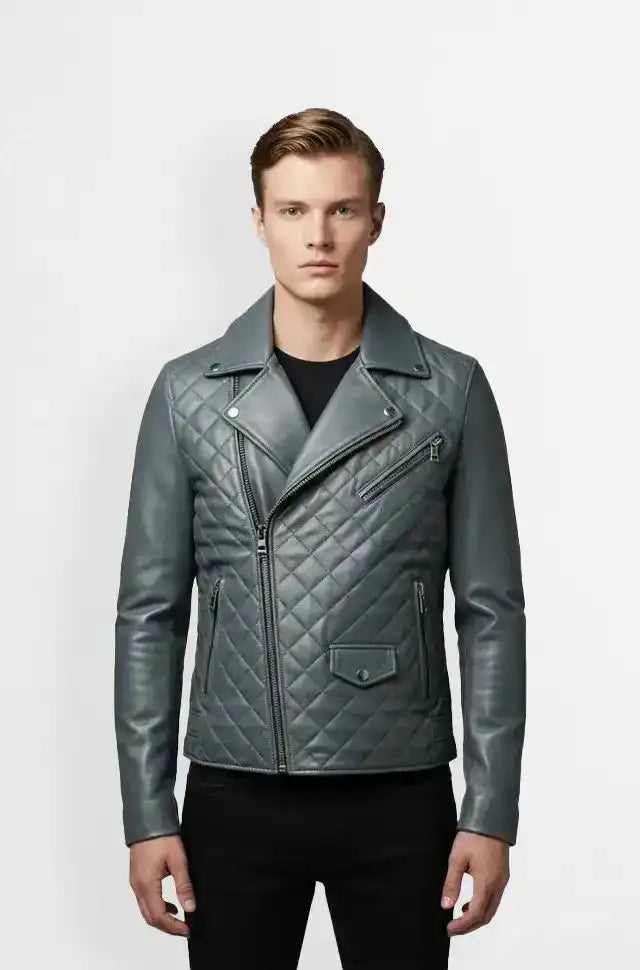 Slate Grey Quilted Leather Biker Jacket Front view