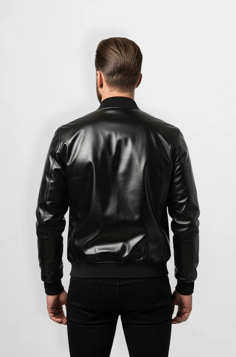 Sleek Black Leather Bomber Jacket Back view