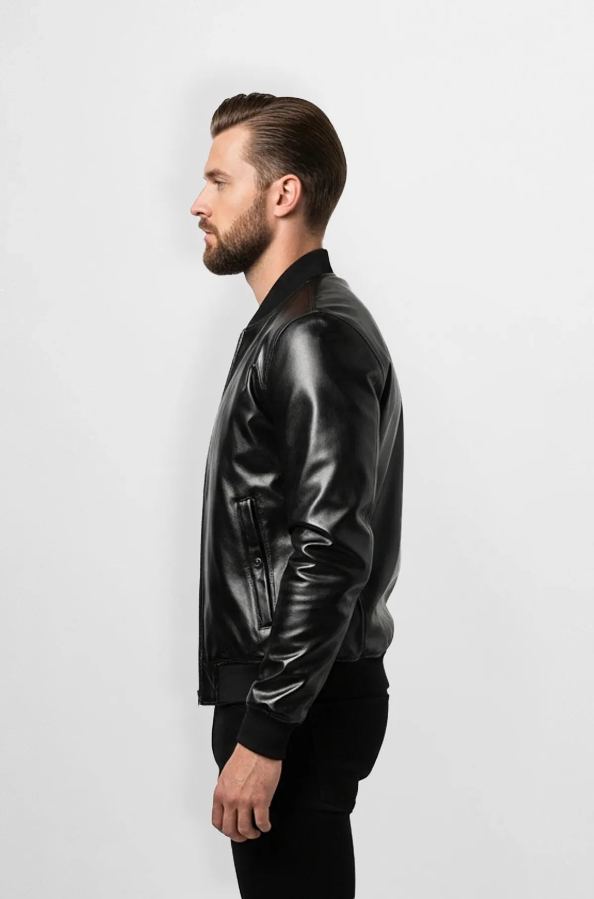 Sleek Black Leather Bomber Jacket Side view