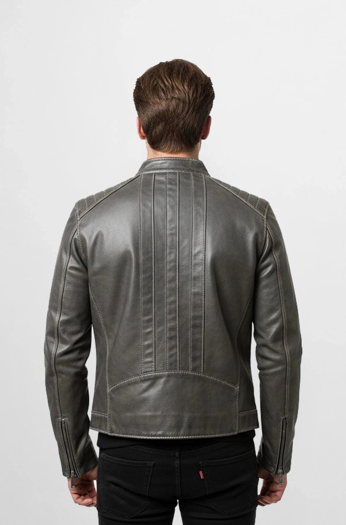 Sleek Charcoal Grey Leather Moto Jacket Back view