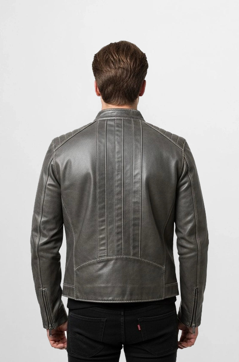 Sleek Charcoal Grey Leather Moto Jacket Back view