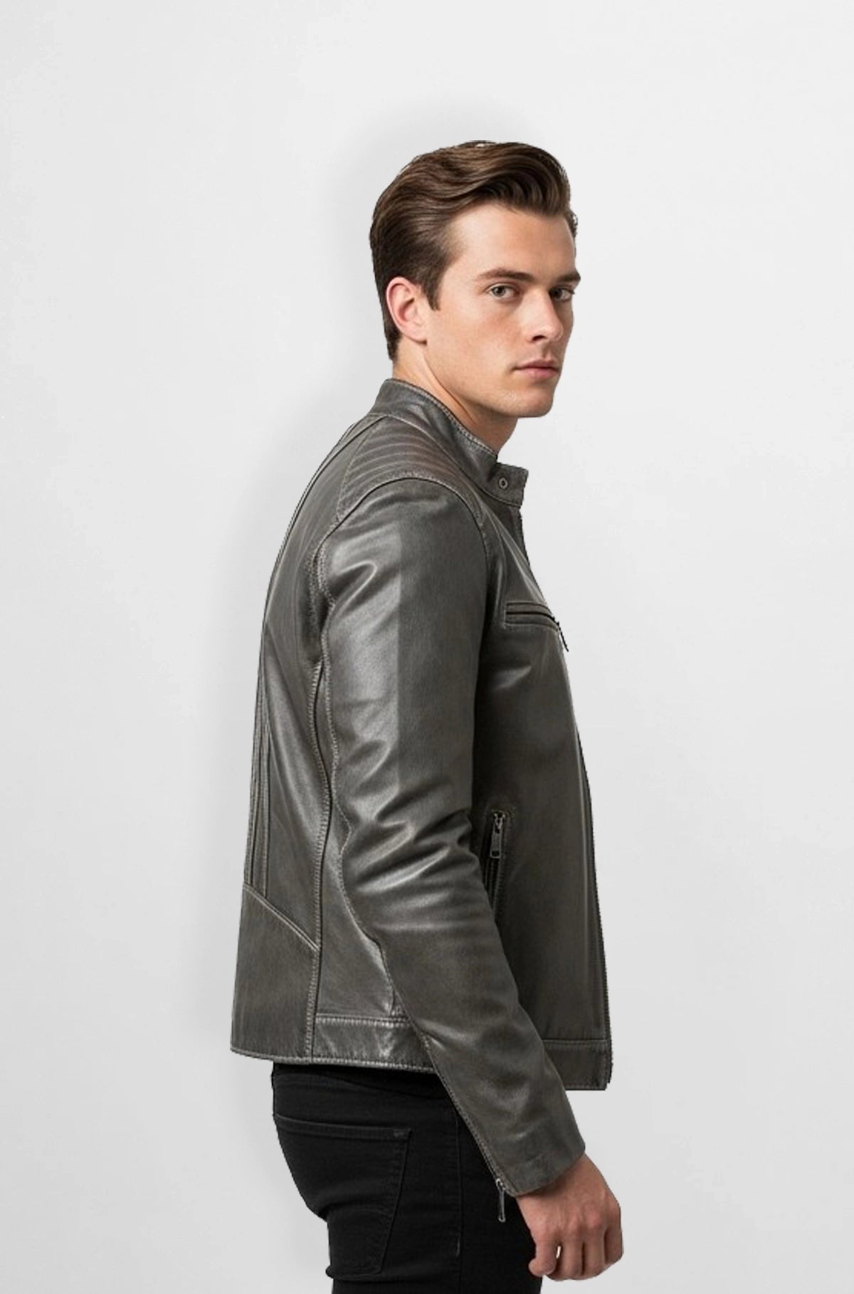 Sleek Charcoal Grey Leather Moto Jacket Side view