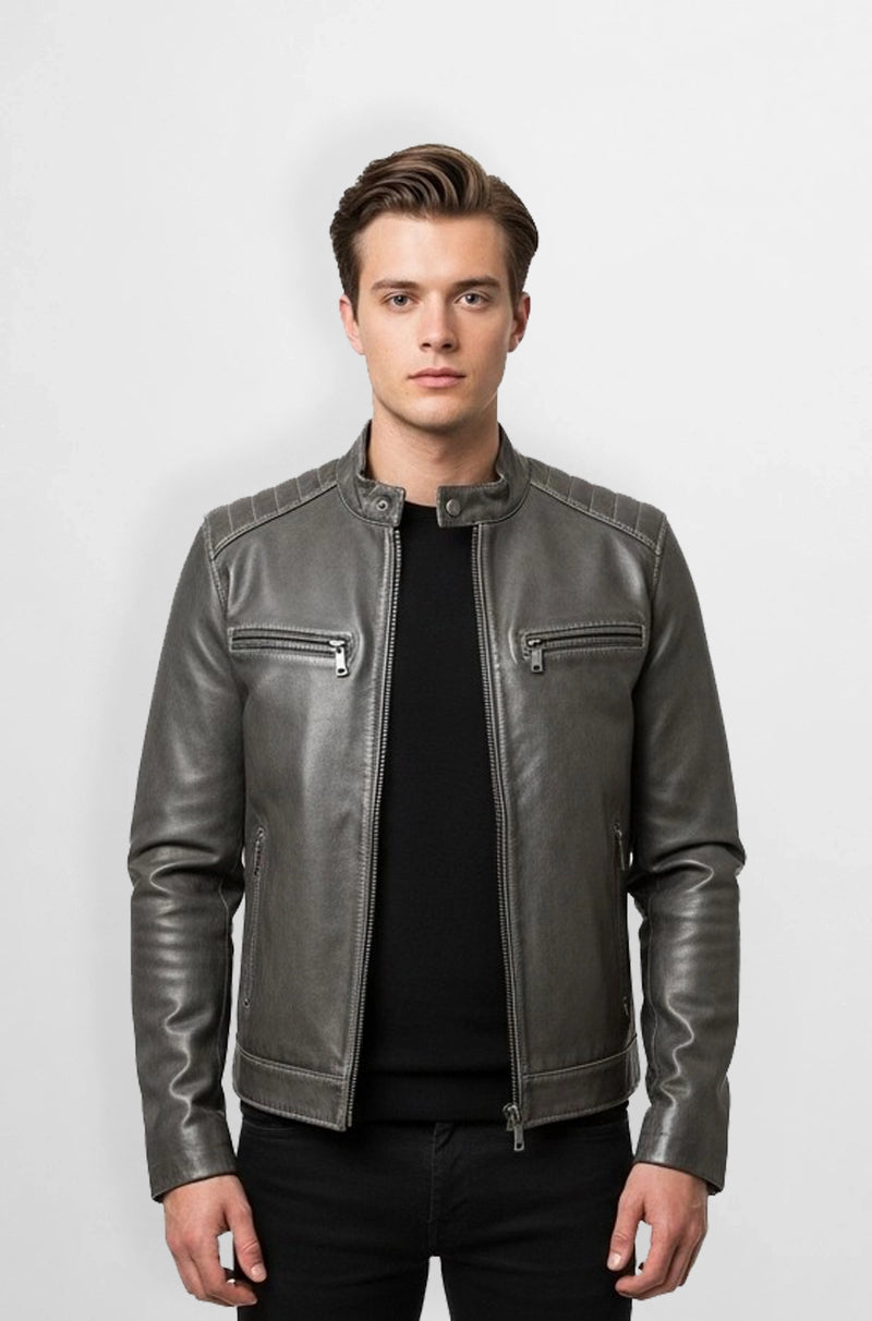 Sleek Charcoal Grey Leather Moto Jacket Front view