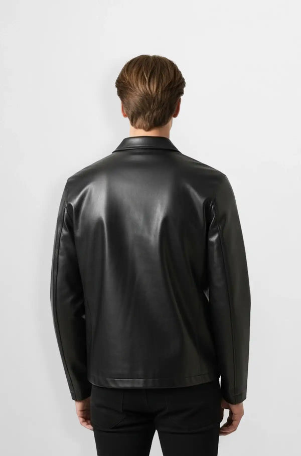 Sleek Jet Black Leather Bomber Jacket Back view