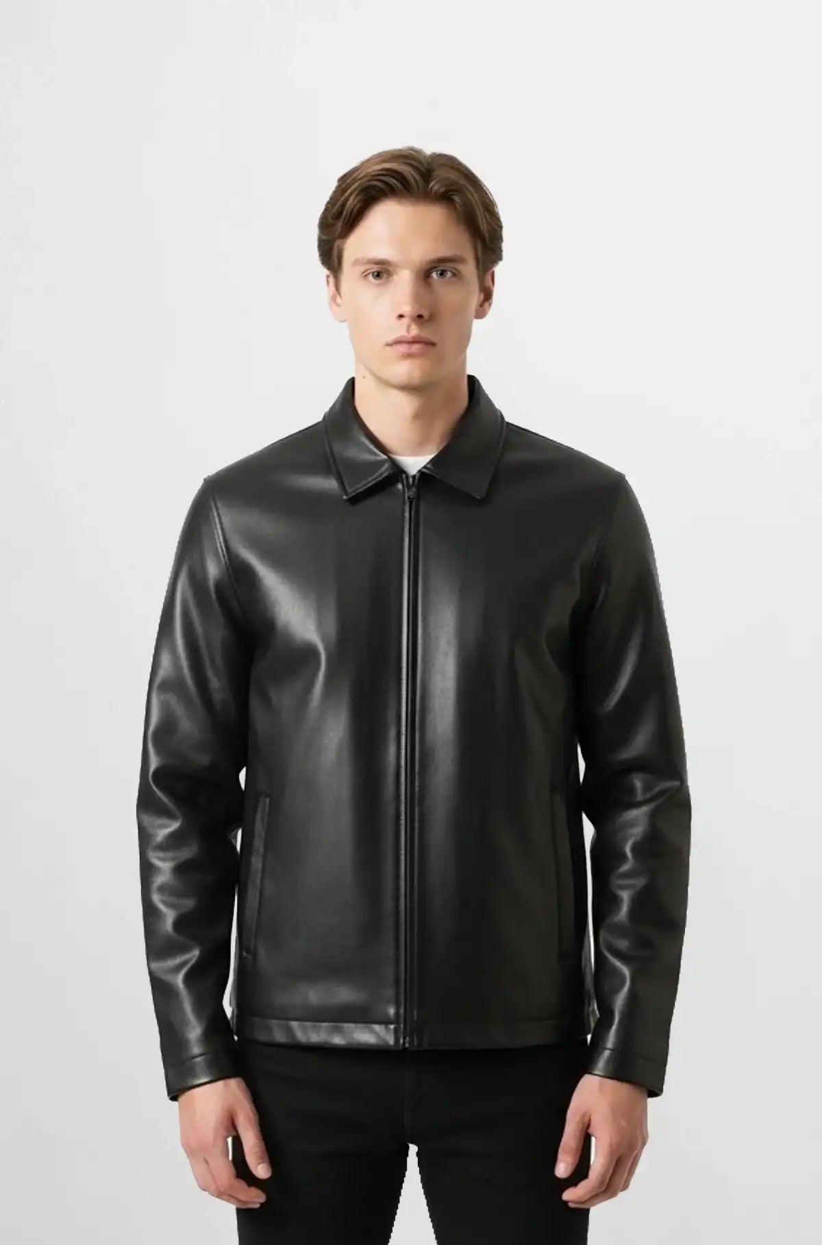 Sleek Jet Black Leather Bomber Jacket Front view