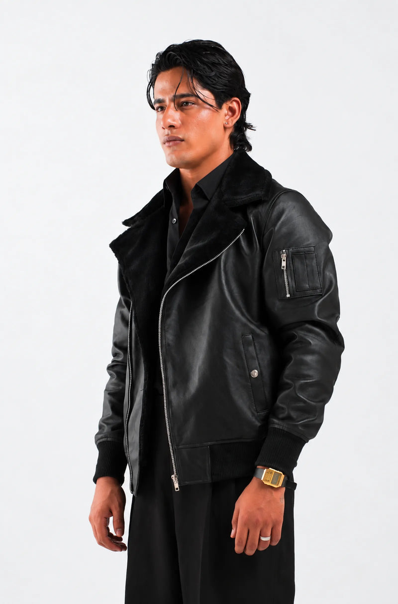 Men's Black Leather Aviator Bomber Jacket