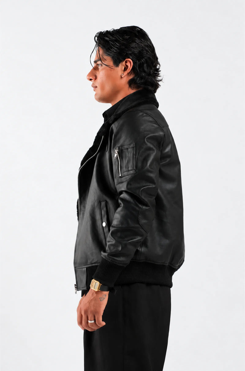 Men's Black Leather Aviator Bomber Jacket