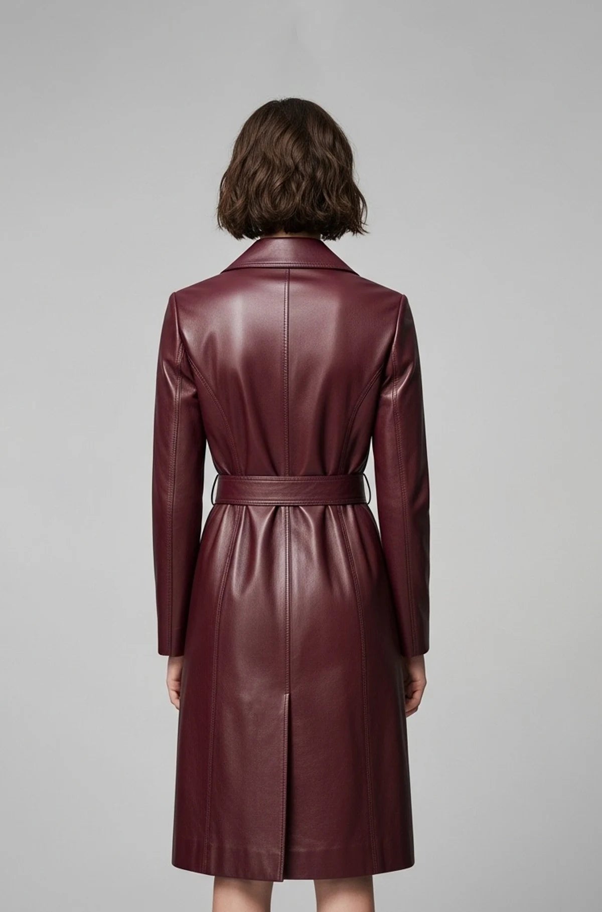 Slim Fit Burgundy Leather Trench Coat Back view