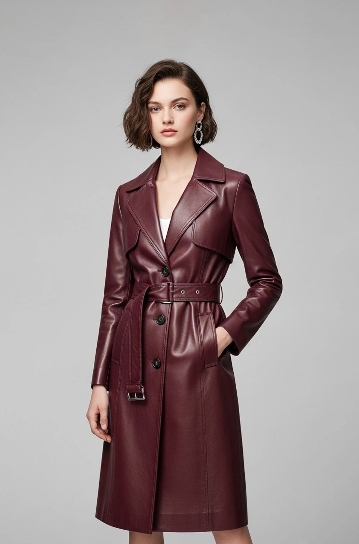 Slim Fit Burgundy Leather Trench Coat Front view