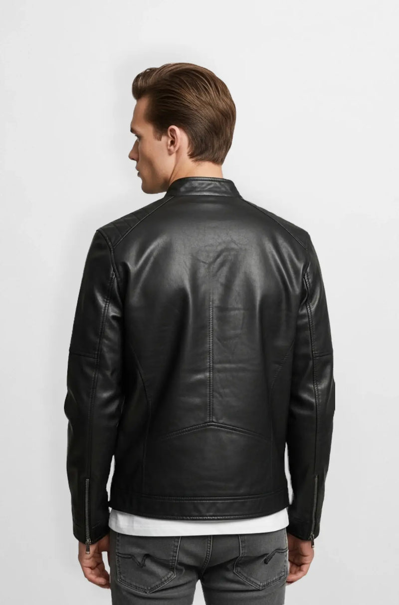 Slim Fit Classic Black Leather Biker Jacket Back view